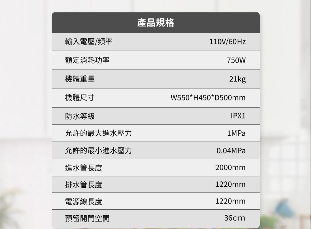 輸入電壓/頻率額定消耗功率機體重量機體尺寸產品規格110V/60Hz750W21kgW550*H450*D500mm防水等級IPX1允許的最大進水壓力1MPa允許的最小進水壓力0.04MPa進水管長度2000mm排水管長度1220mm電源線長度1220mm預留開門空間36cm