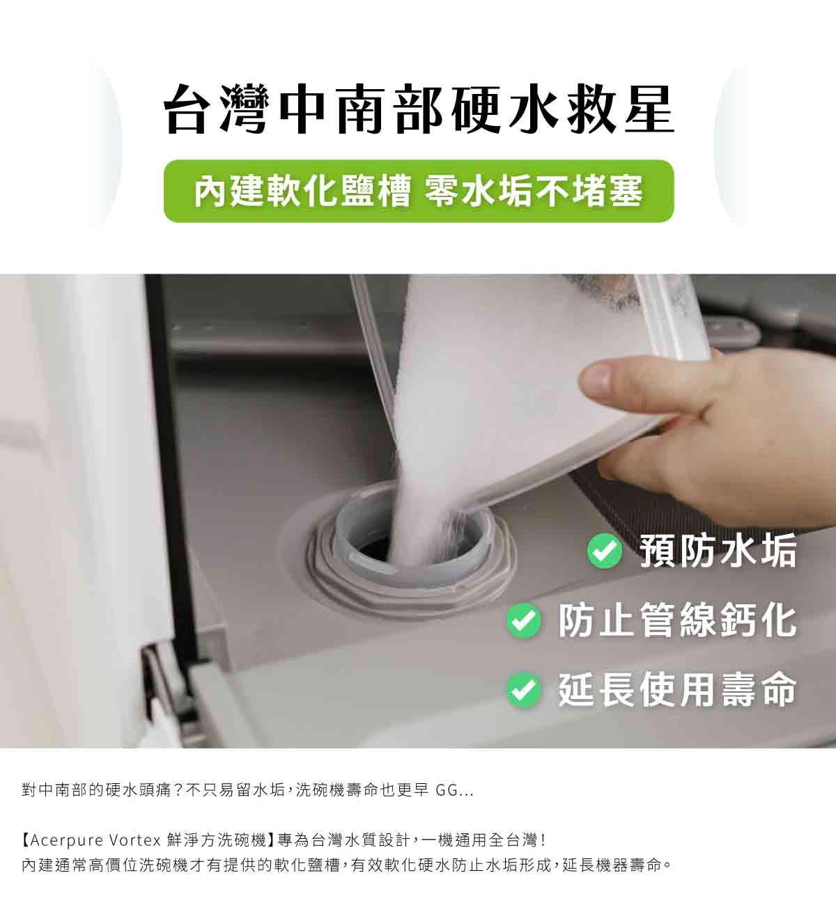 台灣中南部硬水救星內建軟化鹽槽 零水垢不堵塞預防水垢防止管線鈣化延長使用壽命對中南部的硬水頭痛?不只易留水垢,洗碗機壽命也更早 GG...【Acerpure Vortex 鮮淨方洗碗機】專為台灣水質設計,一機通用全台灣!內建通常高價位洗碗機才有提供的軟化鹽槽,有效軟化硬水防止水垢形成,延長機器壽命。