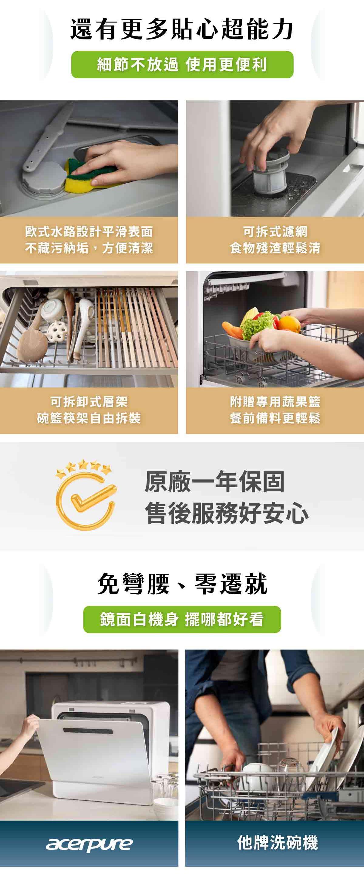 還有更多貼心超能力細節不放過 使用更便利歐式水路設計平滑表面不藏污納垢,方便清潔可拆卸式層架碗籃筷架自由拆裝可拆式濾網食物殘渣輕鬆清附贈專用蔬果籃餐前備料更輕鬆原廠一年保固售後服務好安心免彎腰、零遷就鏡面白機身 擺哪都好看acerpure他牌洗碗機