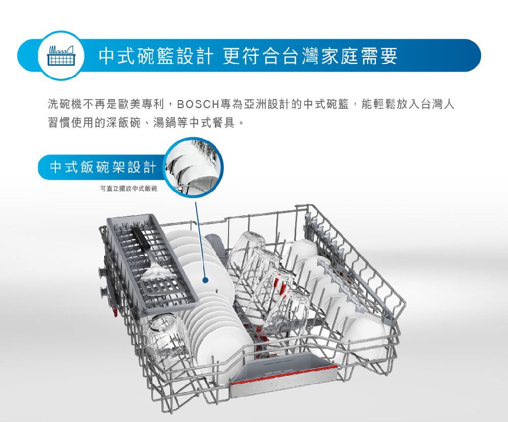 中式碗籃設計 更符合台灣家庭需要習慣使用的深飯碗、湯鍋等中式餐具。洗碗機不再是歐美專利,BOSCH專為亞洲設計的中式碗籃,能輕鬆放入台灣人中式飯碗架設計可直立擺放中式飯碗
