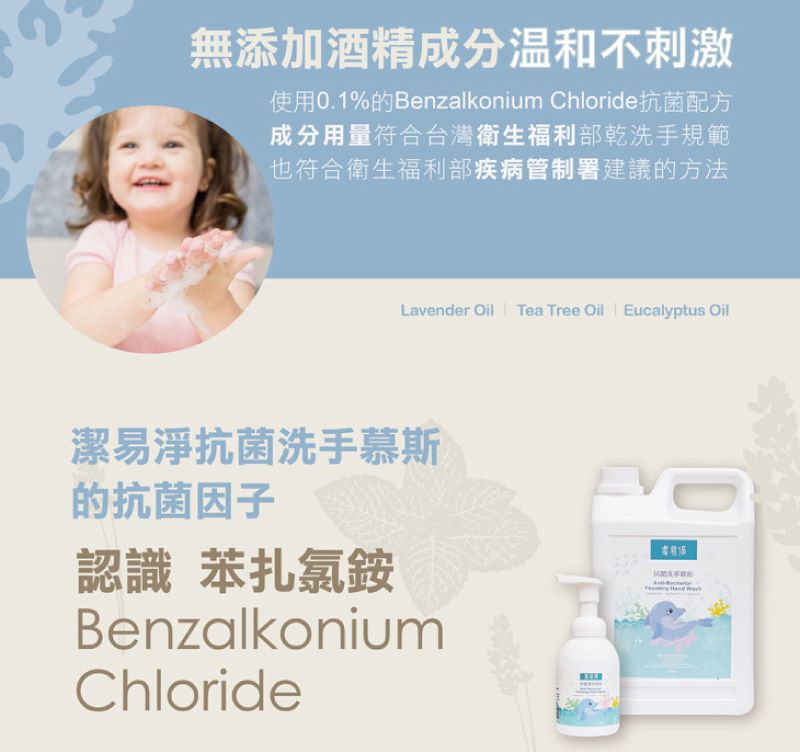 無添加酒精成分溫和不刺激使用0.1%的Benzalkonium Chloride抗菌配方成分用量符合台灣衛生福利部乾洗手規範也符合衛生福利部疾病管制署建議的方法Lavender Oil Tea Tree Oil Eucalyptus Oil潔易淨抗菌洗手慕斯的抗菌因子認識 苯扎氯銨BenzalkoniumChloride