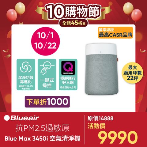 Blueair 瑞典 抗PM2.5過敏原 BLUE MAX 3450i 空氣清淨機(22坪)