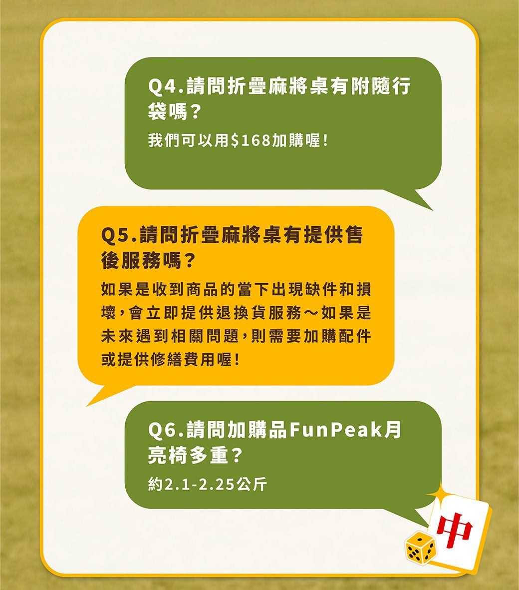 Q4.請問折疊麻將桌有附隨行袋嗎?我們可以用$168加購喔!Q5.請問折疊麻將桌有提供售後服務嗎?如果是收到商品的當下出現缺件和損壞,會立即提供退換貨服務~如果是未來遇到相關問題,則需要加購配件或提供修繕費用喔!Q6.請問加購品FunPeak月亮椅多重?約2.1-2.25公斤