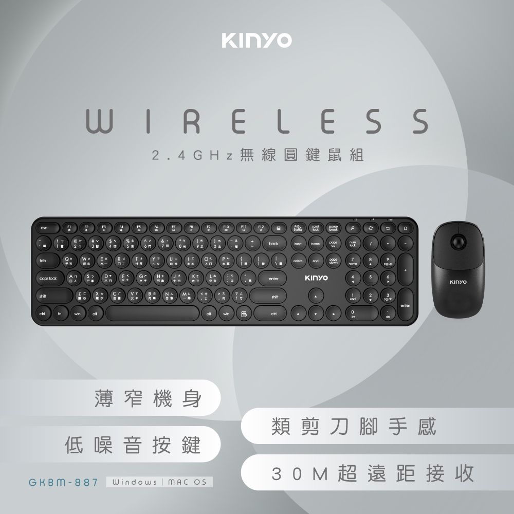 KINYO 纖薄窄框2.4G無線圓鍵鼠-福利品 GKBM-887