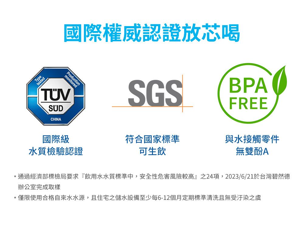 Typetested國際權威認證放芯喝ProductionmonitoredSGSBPAFREECHINA國際級水質檢驗認證符合國家標準可生飲與水接觸零件無雙酚A*通過經濟部標檢局要求『飲用水水質標準中,安全性危害風險較高』之24項,2023/6/21於台灣碧然德辦公室完成取樣*僅限使用合格自來水水源,且住宅之儲水設備至少每6-12個月定期標準清洗且無受汙染之虞