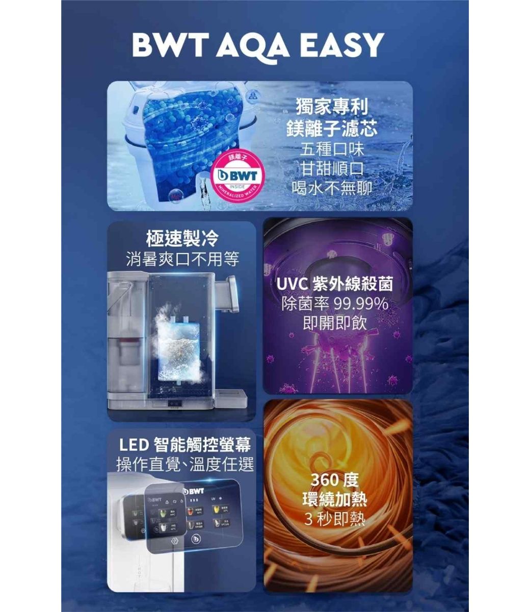 BWT AQA EASY獨家專利鎂離子濾芯五種口味甘甜順口INSIDE喝水不無聊極速製冷消暑爽口不用等UVC 紫外線殺菌除菌率 99.99%即開即飲LED 智能觸控螢幕操作直覺、溫度任選360度環繞加熱3秒即熱