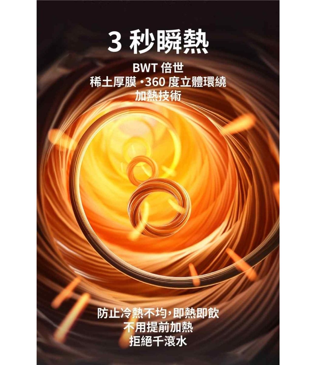 3 秒瞬熱BWT倍世稀土厚膜 360度立體環繞加熱技術防止冷熱不均,即熱即飲不用提前加熱拒絕千滾水