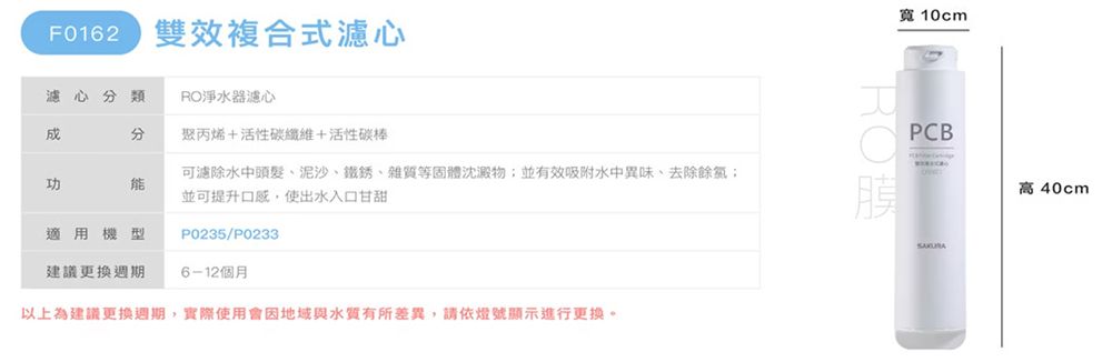 F0162雙效複合式濾心濾心類 淨水器濾心分聚丙烯+活性碳纖維+活性碳棒功可濾除水中頭髮、泥沙、鐵銹、雜質等固體沈澱物並有效吸附水中異味、去除餘;並可提升口感,使出水入口甘甜適用機型P0235/P0233建議更換6-12個月以上為建議更換週期,實際使用會因地域與水質有所差異,請依燈號顯示進行更换。寬 10cmROPCB高40cm