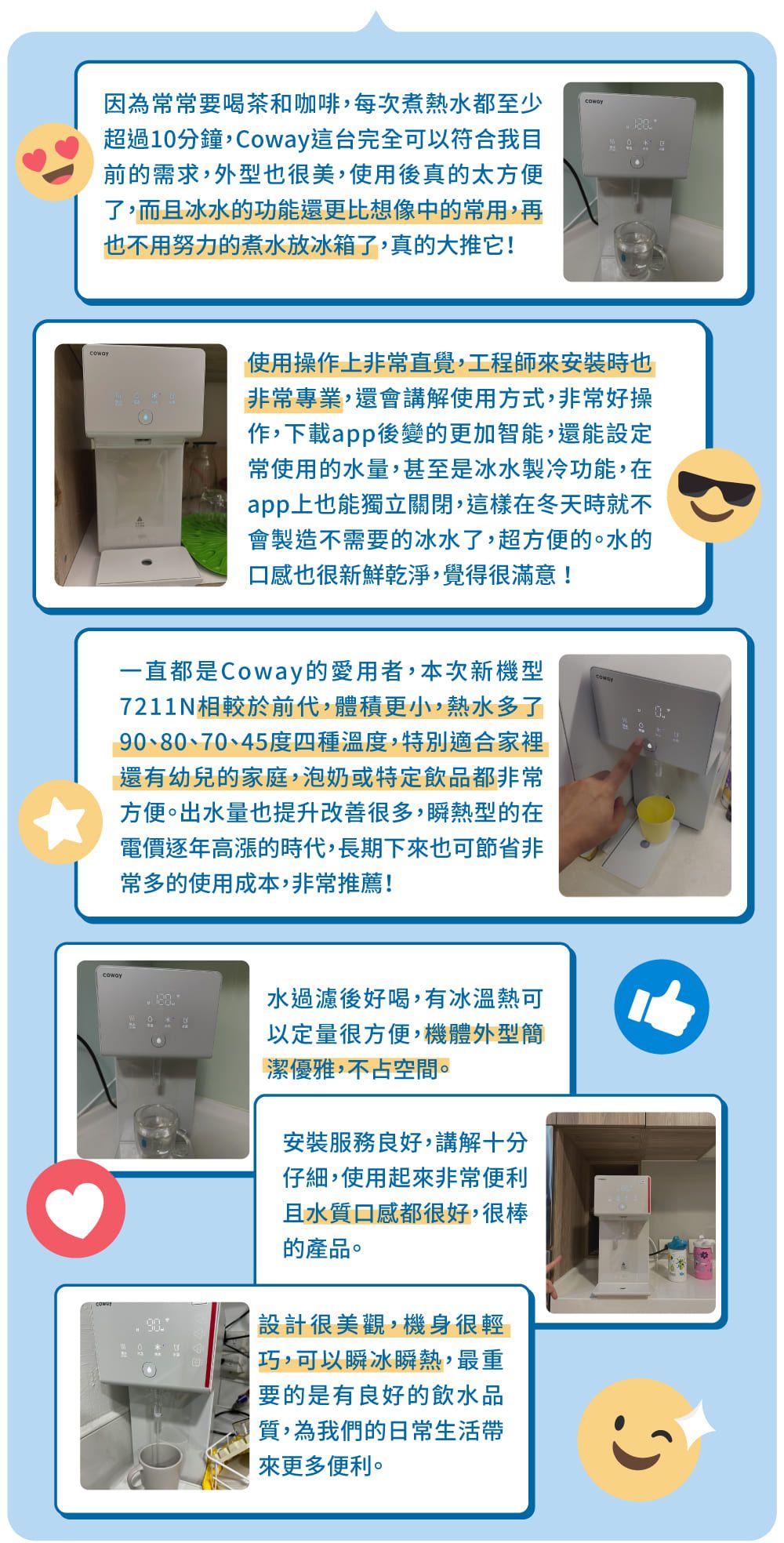 因為常常要喝茶和咖啡,每次煮熱水都至少超過1分鐘,Coway這台完全可以符合我目前的需求,外型也很美,使用後真的太方便了,而且冰水的功能還更比想像中的常用,再也不用努力的煮水放冰箱了,真的大推它!使用操作上非常直覺,工程師安裝時也非常專業,還會講解使用方式,非常好操作,下載app後變的更加智能,還能設定常使用的水量,甚至是冰水製冷功能,在app上也能獨立關閉,這樣在冬天時就不會製造不需要的冰水了,超方便的。水的口感也很新鮮乾淨,覺得很滿意!一直都是Coway的愛用者,本次新機型7211N相較於前代,體積更小,熱水多了90、80、70、45度四種溫度,特別適合家裡還有幼兒的家庭,泡奶或特定飲品都非常方便。出水量也提升改善很多,瞬熱型的在電價逐年高漲的時代,長期下來也可節省非常多的使用成本,非常推薦!0水過濾後好喝,有冰溫熱可以定量很方便,機體外型簡潔優雅,不占空間。安裝服務良好,講解十分仔細,使用起來非常便利且水質口感都很好,很棒的產品。設計很美觀,機身很輕巧,可以瞬冰瞬熱,最重要的是有良好的飲水品質,為我們的日常生活帶來更多便利。