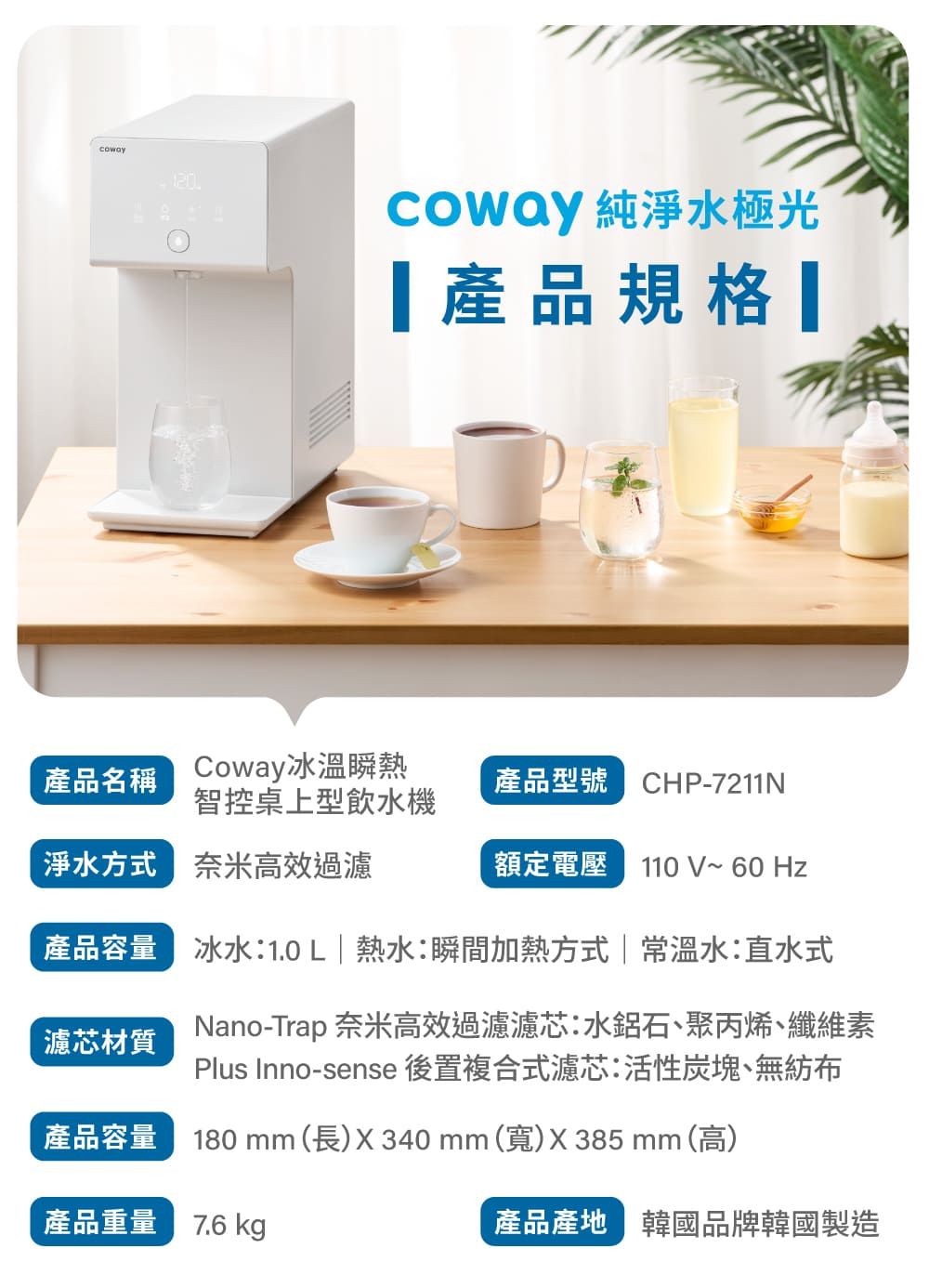 120coway 純淨水極光規格產品名稱Coway冰溫瞬熱產品型號CHP-7211N智控桌上型飲水機淨水方式奈米高效過濾額定電壓110V~ 60Hz濾芯材質產品容量冰水:1.0L熱水:瞬間加熱方式|常溫水:直水式Nano-Trap 奈米高效過濾濾芯:水鋁石、聚丙烯、纖維素Plus Inno-sense 後置複合式濾芯:活性炭塊、無紡布產品容量180 mm(長)X340mm(寬)X385 mm (高)產品重量7.6 kg產品產地 韓國品牌韓國製造