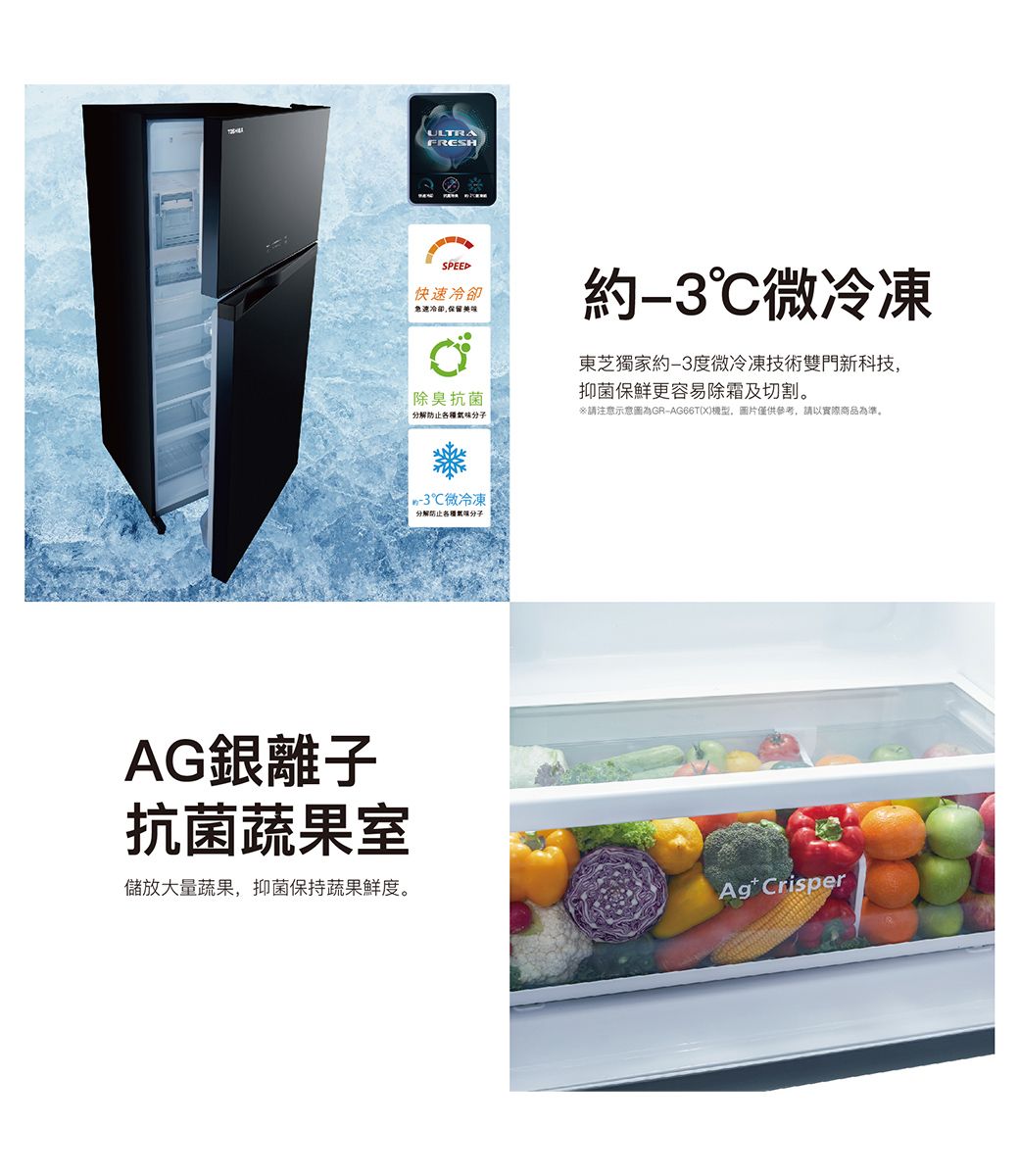 AG銀離子抗菌蔬果室儲放大量蔬果抑菌保持蔬果鮮度。SPEED快速急速冷卻除臭抗菌分解氣味約微冷凍東芝獨家約3度微冷凍技術雙門新科技,抑菌保鮮更容易除霜及切割。※請注意示意圖為GR-AG66T(X)機型,圖片僅供參考,請以實際商品為準。微冷凍分解防止分子 Crisper