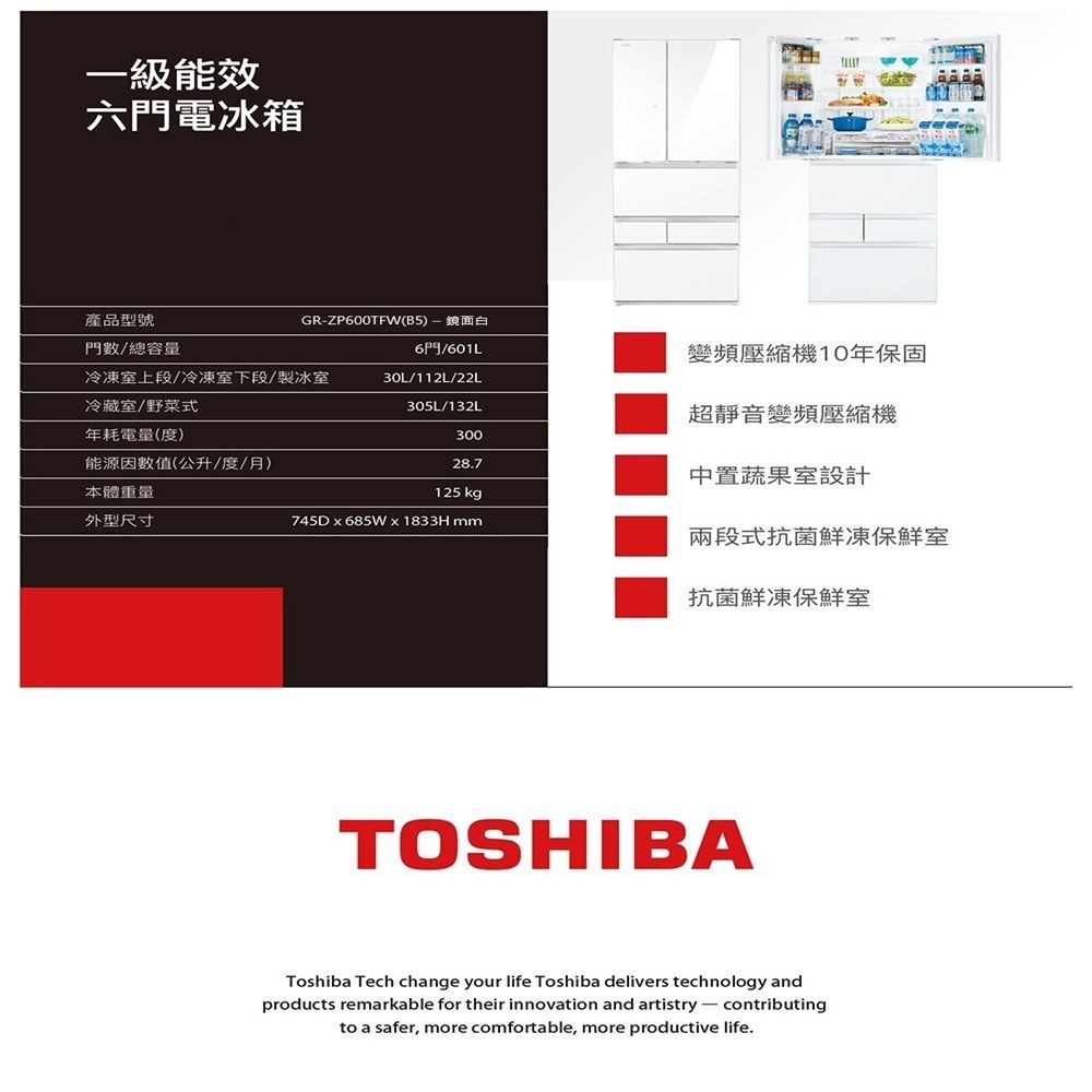 一級能效六門電冰箱產品型號門數/總容量冷凍室上段/冷凍室下段/製冰室冷藏室/野菜式年耗電量(度能源因數值(公升/度/月)本體重量外型尺寸GRZP600TFW(B5)-鏡面白/601L變頻壓縮機10年保固30L/112L/22L305L/132L30028.7超靜音變頻壓縮機中置蔬果室設計125 kg745D  685W  1833H mm兩段式抗菌鮮凍保鮮室抗菌鮮凍保鮮室TOSHIBAToshiba Tech change your life Toshiba delivers technology andproducts remarkable for their innovation and artistry contributingto a safer, more comfortable, more productive life.