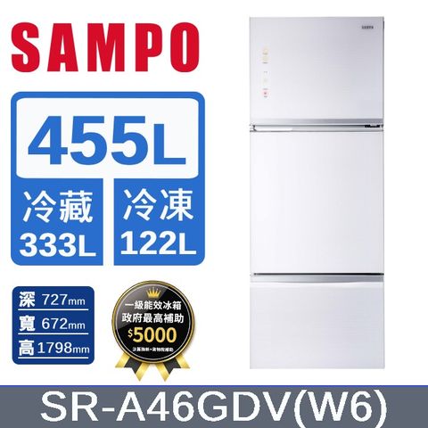 SAMPO 聲寶455公升一級能效AIE全平面玻璃變頻三門冰箱 SR-A46GDV(W6) 琉璃白