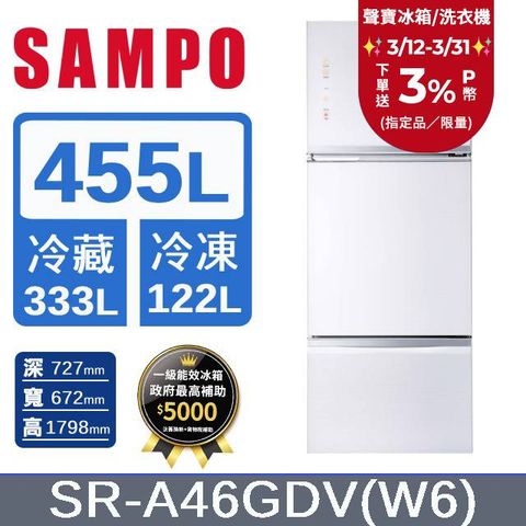 SAMPO 聲寶 455公升一級能效AIE全平面玻璃變頻三門冰箱 SR-A46GDV(W6) 琉璃白