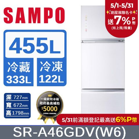 SAMPO 聲寶 455公升一級能效AIE全平面玻璃變頻三門冰箱 SR-A46GDV(W6) 琉璃白