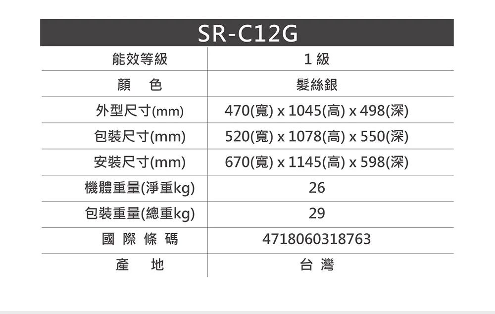 SR-C12G能效等級顏色1級髮絲銀外型尺寸(mm)包裝尺寸(mm)安裝尺寸(mm)機體重量(淨重kg)包裝重量(總重kg)國際條碼470()x1045(高)x498(深)520()x1078(高)x550(深)670(寬)x1145(高)x598(深)26294718060318763產地台灣