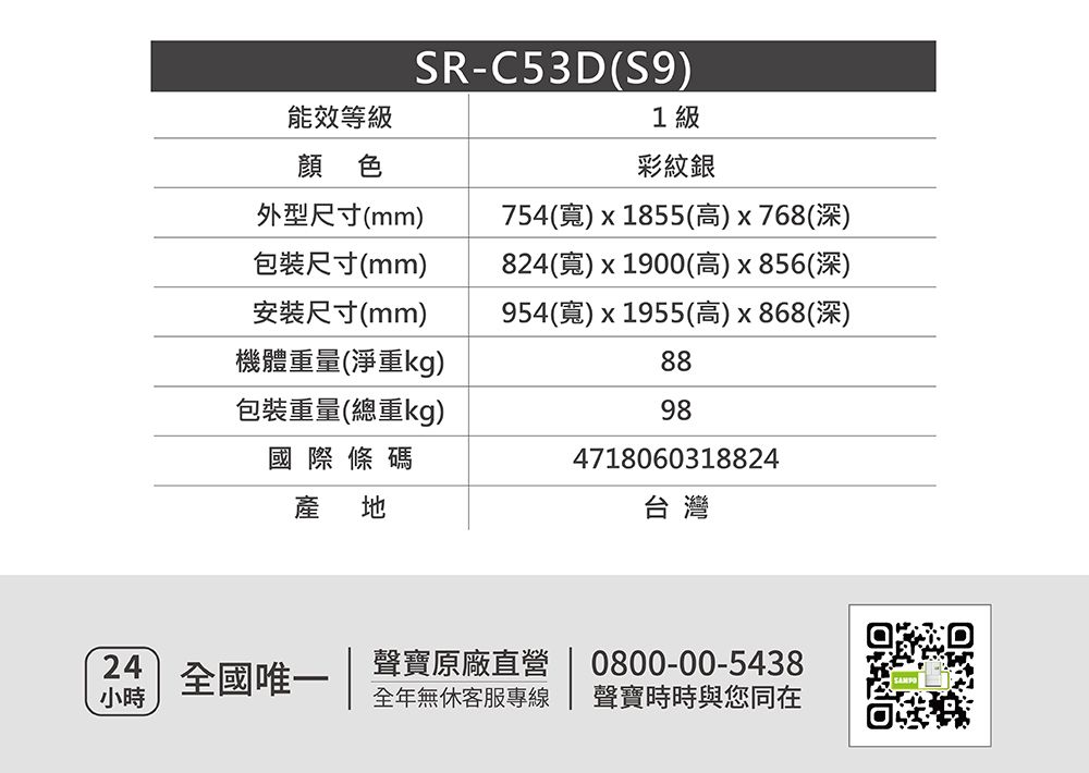 SR-C53D(S9)能效等級1級顏色彩紋銀外型尺寸(mm)包裝尺寸(mm)安裝尺寸(mm)機體重量(淨重kg)包裝重量(總重kg)國際條碼754(寬)x1855(高)x768(深)824(寬)x1900(高)x856(深)954(寬)x1955(高)x868(深)8898產 4718060318824台灣小時24 全國唯一聲寶原廠直營0800-00-5438全年無休客服專線聲寶時時與您同在