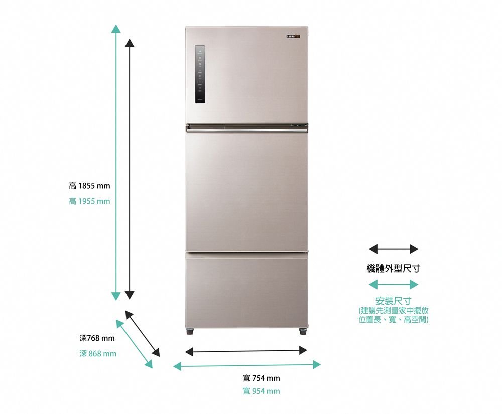 高1855mm高1955mm深768mm深868mm寬754mm寬954mm機體外型尺寸安裝尺寸(建議先測量家中擺放位置長、寬、高空間)