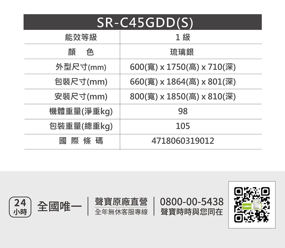 SR-C45GDD(S)能效等級顏色1級琉璃銀外型尺寸(mm)包裝尺寸(mm)安裝尺寸(mm)機體重量(淨重kg)包裝重量(總重kg)國際條碼600(寬)x1750(高)x710(深)660(寬)x1864(高)x801(深)800(寬)x1850(高)x810(深)98105471806031901224小時全國唯一 |聲寶原廠直營全年無休客服專線0800-00-5438聲寶時時與您同在SAMPO