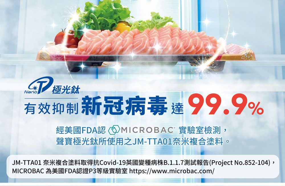極光鈦Nano有效抑制新冠病毒99.9%經美國FDA認MICROBAC 實驗室檢測,聲寶極光鈦所使用之JM-TTA01奈米複合塗料。JM-TTA01 奈米複合塗料取得抗Covid-19英國變種病株B.1.1.7測試報告(Project No.852-104),MICROBAC 為美國FDA認證P3等級實驗室 https://www.microbac.com/