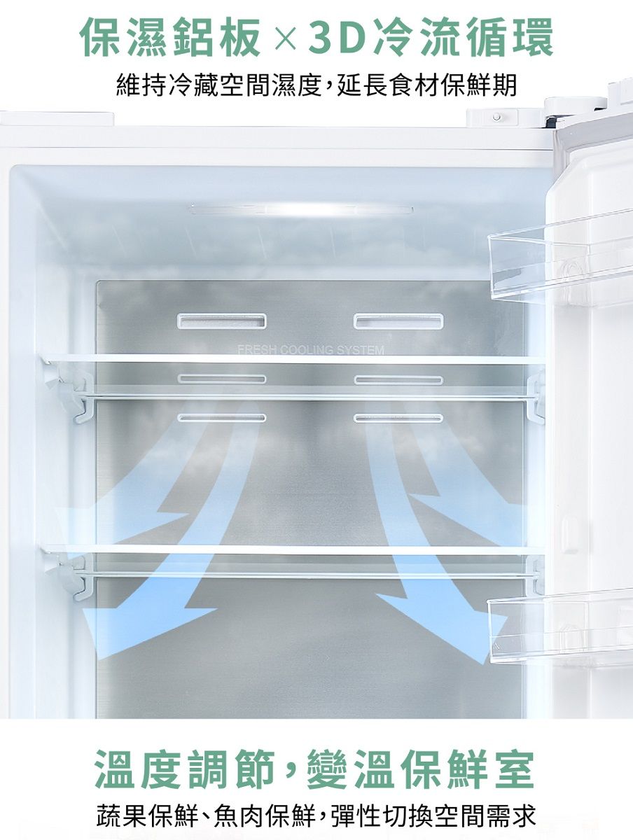 保濕鋁板3D冷流循環維持冷藏空間濕度,延長食材保鮮期FRESH COOLING SYSTEM溫度調節,變溫保鮮室蔬果保鮮、魚肉保鮮,彈性切換空間需求