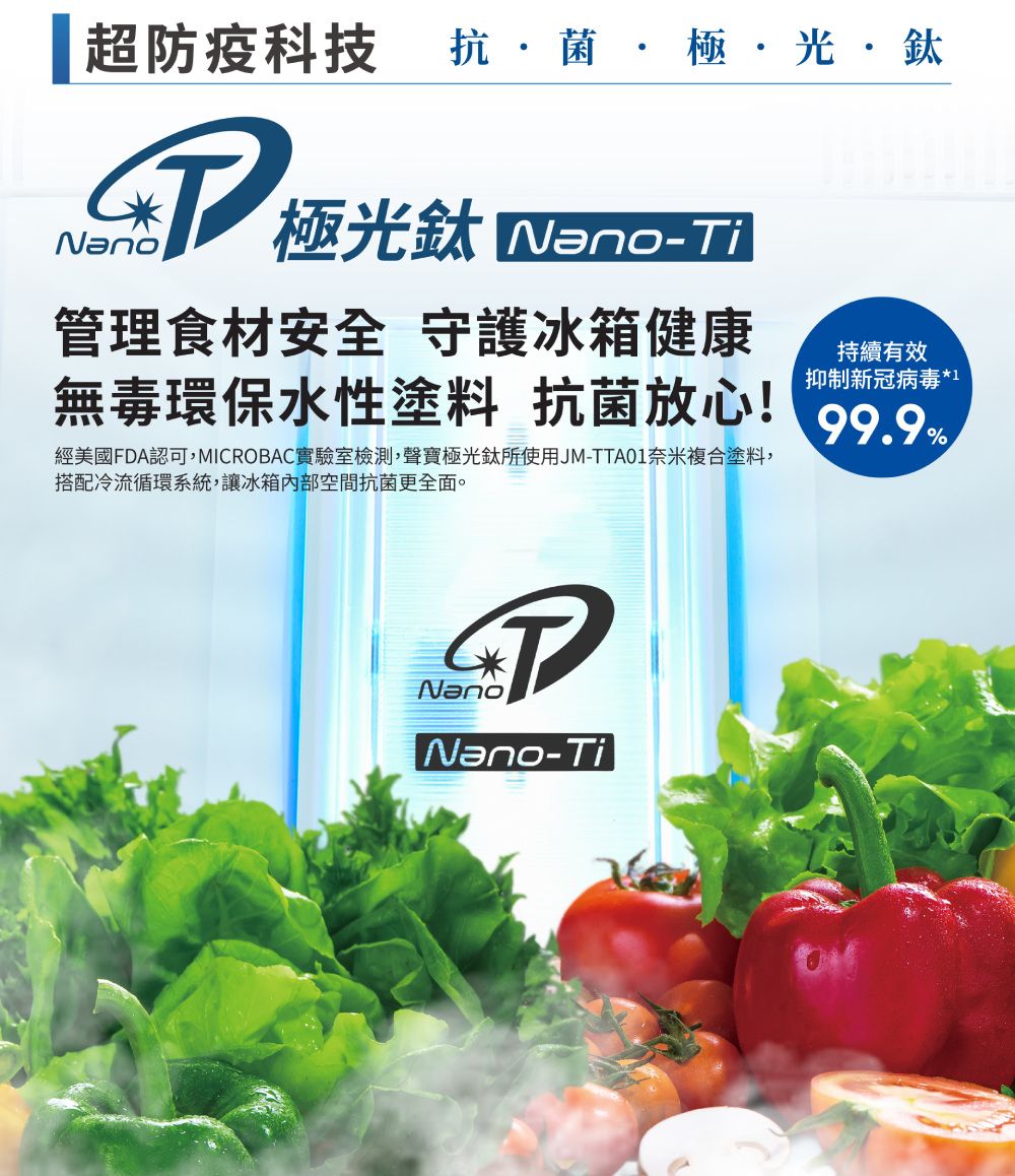超防疫科技抗菌極·光· -TiNano管理食材安全守護冰箱健康無持續有效抑制新冠病毒*1抗菌放心毒環保水性塗料經美國FDA認可,MICROBAC實驗室檢測,聲寶極光鈦所使用JM-TTA01奈米複合塗料,搭配冷流循環系統,讓冰箱內部空間抗菌更全面。NanoNano-Ti