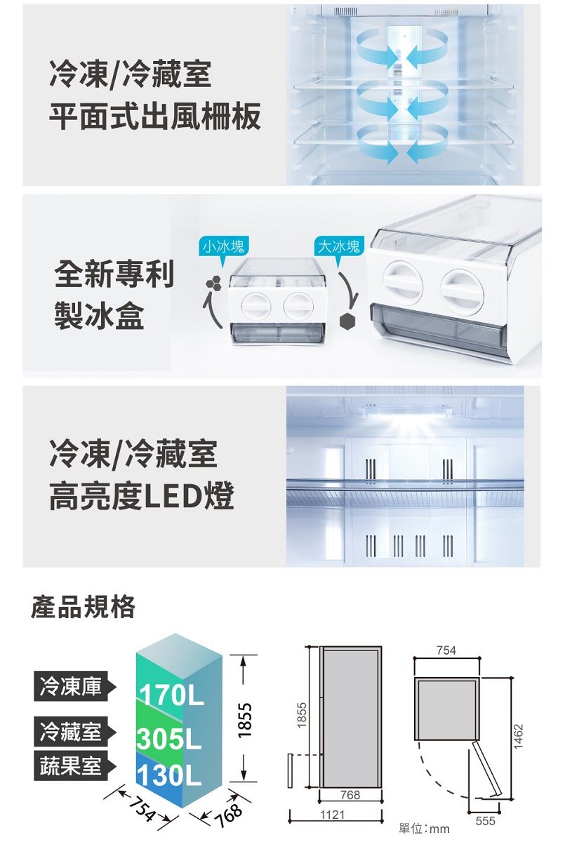 冷凍冷藏室平面式出風柵板全新專利製冰盒冷凍冷藏室高亮度LED燈產品規格冷凍庫 170L|冷藏室蔬果室305L130L//768185518557681121小冰塊大冰塊555單位:mm7541462