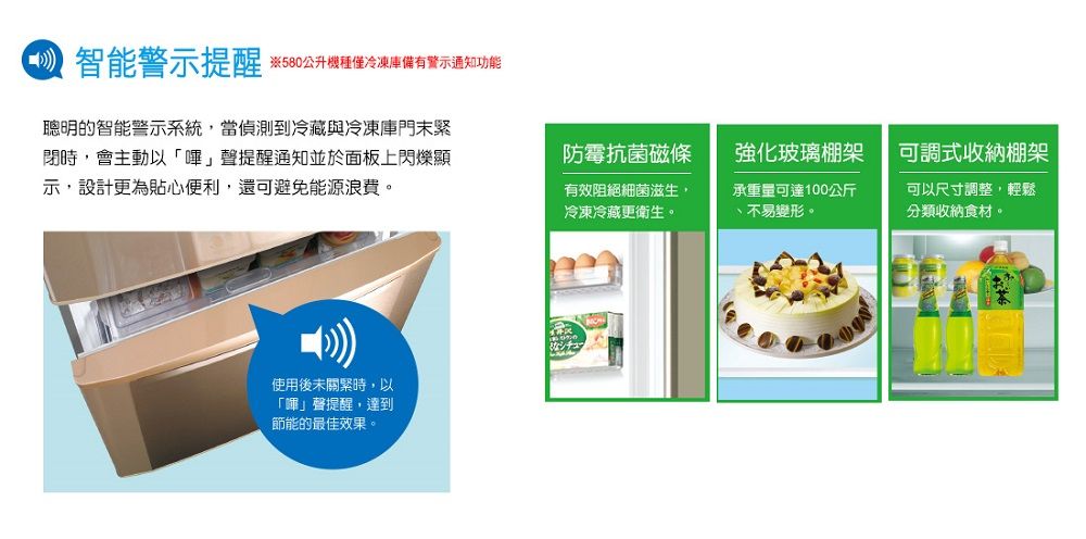 智能警示提醒 580公升機種僅冷凍庫警示通知功能聰明的智能警示系統,當偵測到冷藏與冷凍庫門末緊閉時,會主動以「聲提醒通知並於面板上閃爍顯示,設計更為貼心便利,還可避免能源浪費。防霉抗菌磁條強化玻璃棚架可調式收納棚架有效阻絕細菌滋生,冷凍冷藏更衛生。承重量可達100公斤不易變形。可以尺寸調整,輕鬆分類收納食材。使用後關緊時,以「」聲提醒,達到節能的最佳效果。