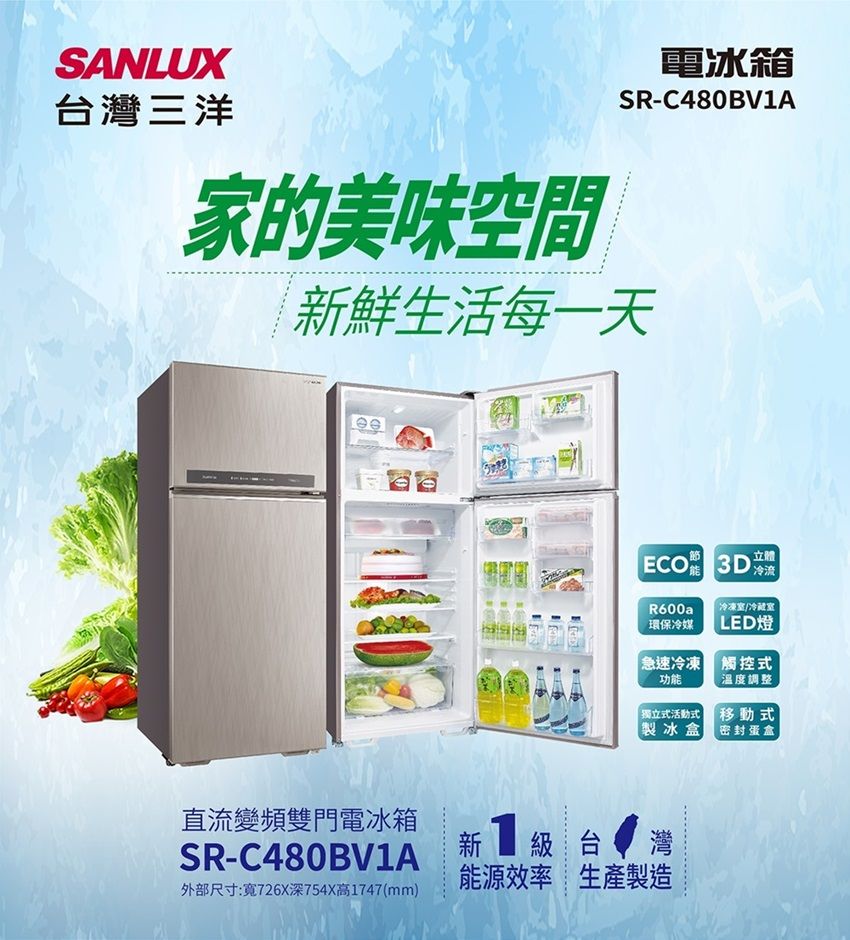 電冰箱SR-C480BVASANLUX台灣三洋家的美味空間鮮生活每一天立體  R600a「冷凍室冷藏室環保冷媒LED燈 |功能急速冷凍 觸控式溫度調整獨立式活動式製冰盒移動式密封蛋盒直流變頻雙門電冰箱SR-C480BV1A 新 1外部尺寸:寬726深754X高1747(mm)級台 灣能源效率生產製造