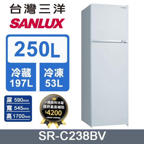◤ 小廚房 大空間 ◢【SANLUX 台灣三洋】250L 變頻雙門冰箱 (SR-C238BV)
