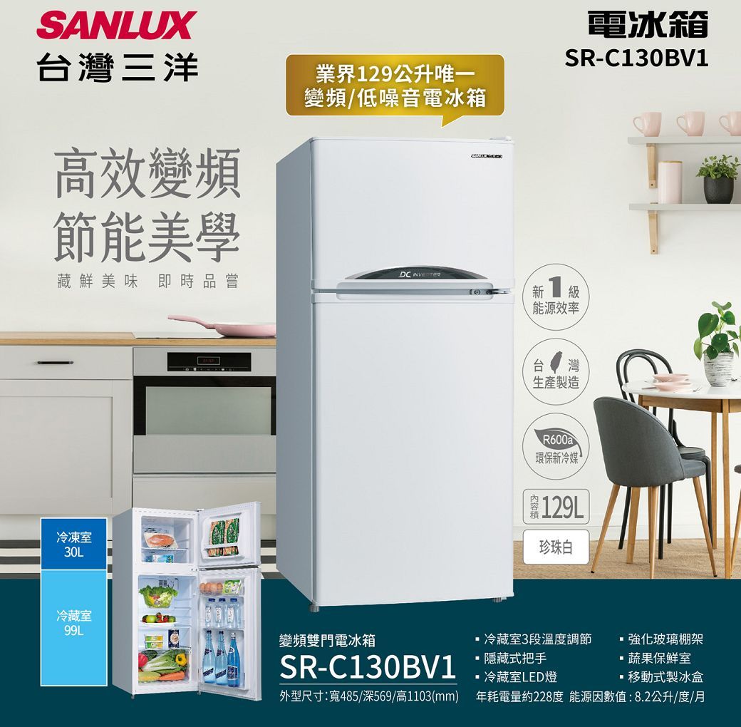 SANLUX灣三洋高效變頻節能美學業界129公升唯一變頻/低噪音電冰箱電冰箱SR-C130BV1 藏鮮美味即時品嘗新 1 級冷凍室30L冷藏室99L變頻雙門電冰箱SR-C130BV1外型尺寸:寬485/深569/高1103(mm)能源效率台灣生產製造R600a®環保新冷媒 129L珍珠白冷藏室3段溫度調節隱藏式把手1冷藏室LED燈玻璃棚架蔬果保鮮室移動式製冰盒年耗電量約228度 能源因數值:8.2公升/度/月