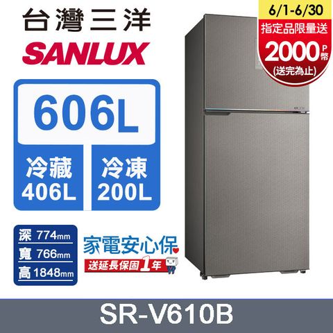 ◤200L大冷凍室 ◢【SANLUX 台灣三洋】606L 變頻大冷凍室一級雙門電冰箱(SR-V610B)
