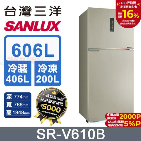 SANLUX 台灣三洋 606L 變頻大冷凍室一級雙門電冰箱(SR-V610B)