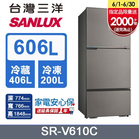 ◤200L大冷凍室 ◢【SANLUX 台灣三洋】606L 變頻大冷凍室一級三門電冰箱 (SR-V610C)