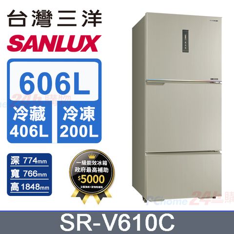 【SANLUX 台灣三洋】606L 變頻大冷凍室一級三門電冰箱 (SR-V610C)