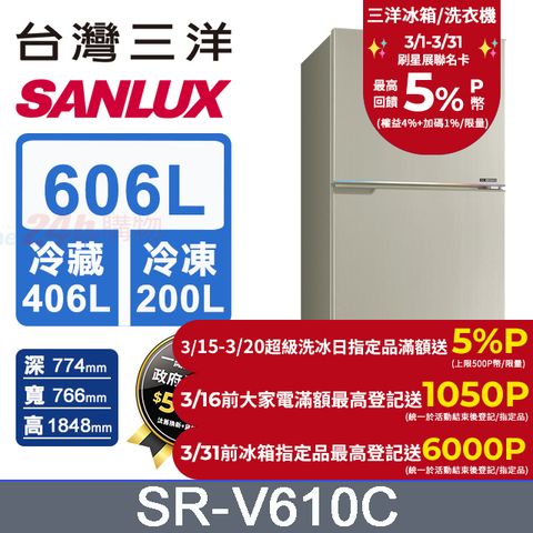 SANLUX 台灣三洋 606L 變頻大冷凍室一級三門電冰箱 (SR-V610C)