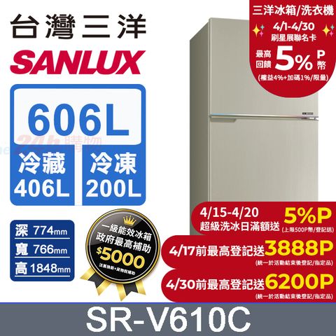 SANLUX 台灣三洋 606L 變頻大冷凍室一級三門電冰箱 (SR-V610C)