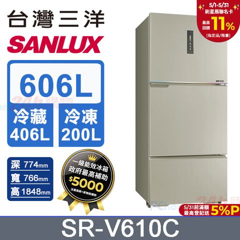 SANLUX 台灣三洋 606L 變頻大冷凍室一級三門電冰箱 (SR-V610C)