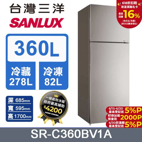 【SANLUX 台灣三洋】360L 1級變頻雙門電冰箱 (SR-C360BV1A)