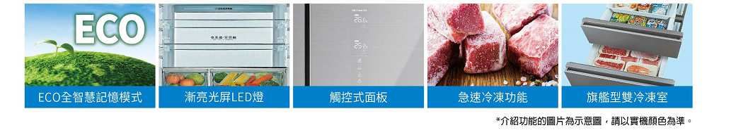 ECOECO全智慧記憶模式漸亮光LED燈觸控式面板急速冷凍功能旗艦型雙冷凍室*介紹功能的圖片為示意圖,請以實機顏色為準。