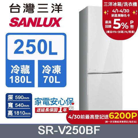 SANLUX 台灣三洋 250L 變頻下冷凍一級雙門電冰箱 SR-V250BF