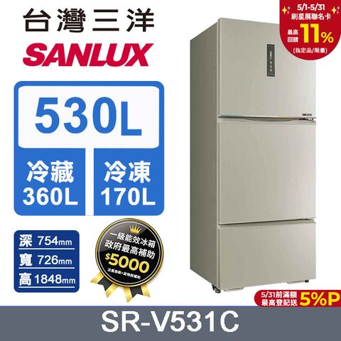 SANLUX 台灣三洋 530L 變頻大冷凍室一級變頻三門電冰箱 (SR-V531C)