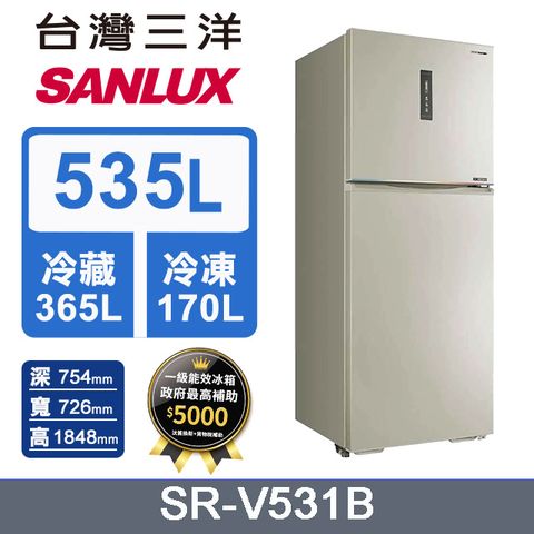 ◤170L大冷凍室 ◢【SANLUX 台灣三洋】【SANLUX 台灣三洋】535L 變頻大冷凍室一級變頻雙門電冰箱 (SR-V531B)