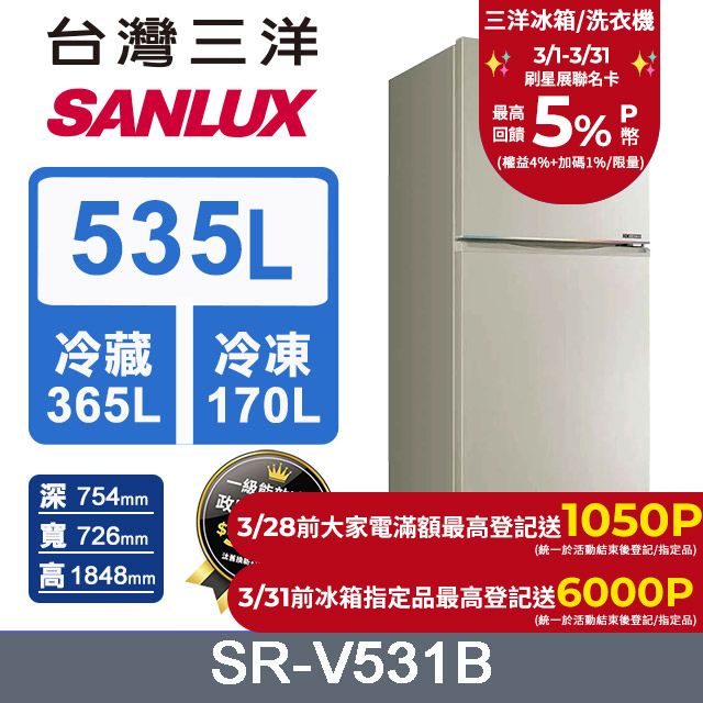 SANLUX 台灣三洋 535L 變頻大冷凍室一級變頻雙門電冰箱 (SR-V531B)