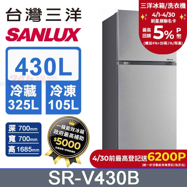 SANLUX 台灣三洋 430L 一級變頻大蔬果室雙門冰箱 (SR-V430B)