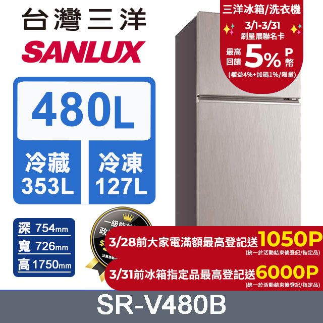 SANLUX 台灣三洋 480L 一級變頻大蔬果室雙門冰箱 (SR-V480B)