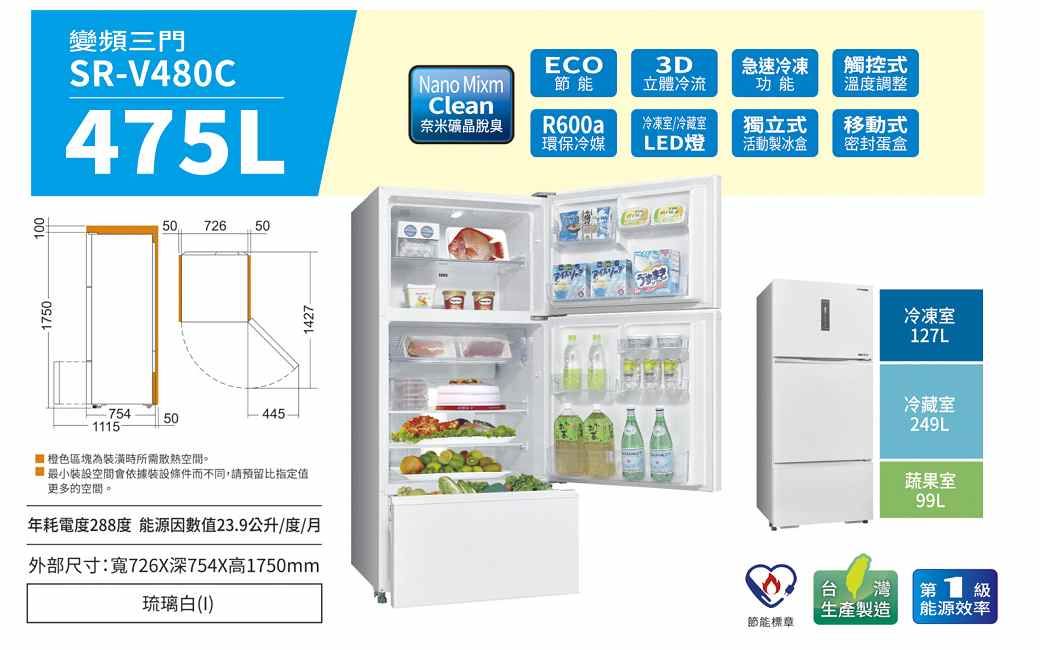750-變頻三門SR-V480C475L754505072650115 橙色區塊為裝潢時所需散熱空間。445-裝設空間會依據裝設條件而不同,請預留比指定值更多的空間。年耗電度288度 能源因數值23.9公升度/月外部尺寸:寬726X深754X高1750mm琉璃11427-Nano MixmCleanECO節能3D立體冷流急速冷凍功能觸控式溫度調整奈米礦晶脫臭R600a冷凍室/冷藏室獨立式移動式環保冷媒LED燈活動製冰盒密封蛋盒節能標章冷凍室127L冷藏室249L蔬果室99L台生產製造灣第1 能源效率