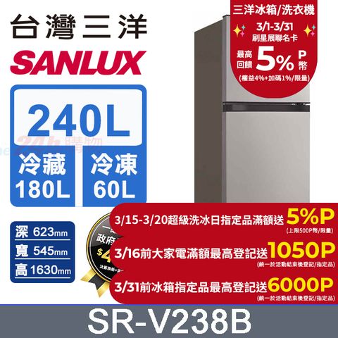 SANLUX 台灣三洋 240L一級變頻雙門冰箱 (SR-V238B)