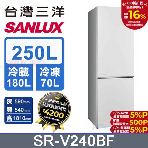 【SANLUX 台灣三洋】250L 變頻下冷凍一級雙門電冰箱 (SR-V240BF)