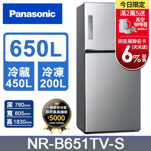 Panasonic國際牌 無邊框鋼板650公升雙門冰箱NR-B651TV-S(晶漾銀)含基本運送+拆箱定位+回收舊機